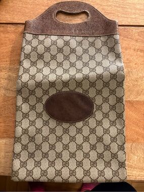 Gucci Beige and Brown Monogram Top-Handle Pouch Vintage